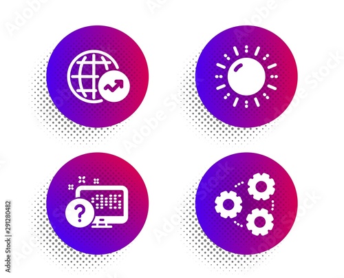 Sun energy, Online quiz and World statistics icons simple set. Halftone dots button. Gears sign. Solar power, Web support, Global report. Work process. Science set. Vector