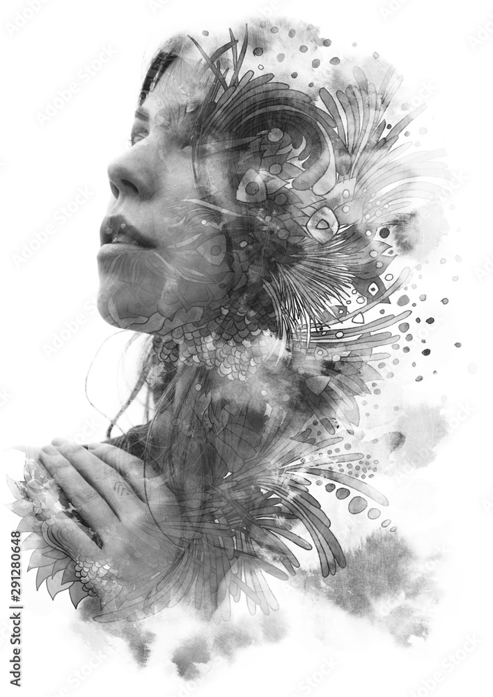 Fototapeta premium Paintography. Double Exposure portrait of a young beautiful woman with hand on chest combined with hand drawn ink and pen drawing
