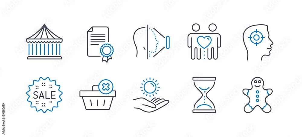 Set of Business icons, such as Sun protection, Time hourglass, Face id, Friends couple, Certificate, Recruitment, Sale, Delete order, Carousels, Gingerbread man line icons. Vector Set of Business icons, such as Sun protection, Time hourglass, Face id, Friends couple, Certificate, Recruitment, Sale, Delete order, Carousels, Gingerbread man line icons. Vector