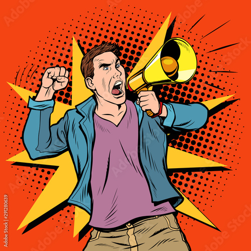 male protester with megaphone