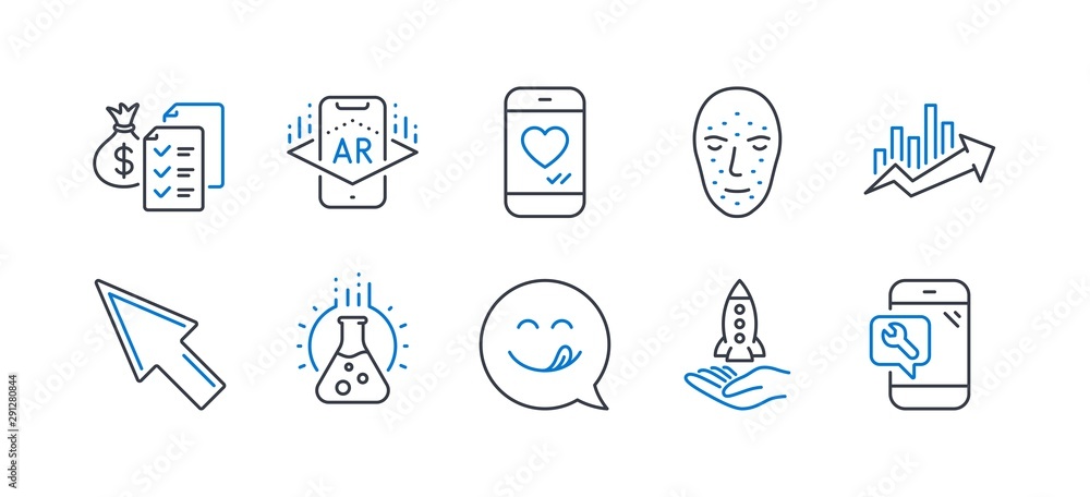 Fototapeta premium Set of Technology icons, such as Augmented reality, Growth chart, Yummy smile, Accounting wealth, Face biometrics, Love chat, Chemistry lab, Crowdfunding, Mouse cursor, Phone repair. Vector