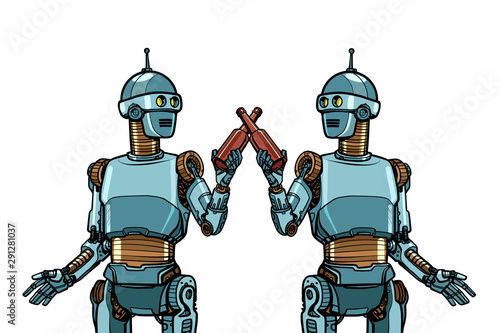 robots drink beer. cheers toast to the meeting