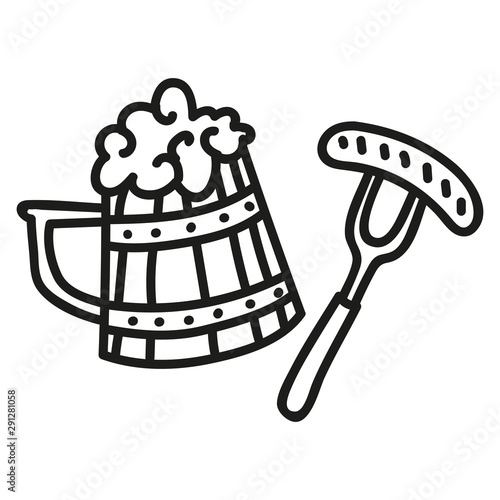 Cartoon doodle hand drawn beer banner. Brewing Festival. Brewery signboard. Funny artwork. Contour picture with barrel, beer mug and sausage.