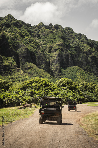 Oahu, Hawaii - August 23rd 2019: Beautiful scenery driving UTVs at Kualoa Ranch, Oahu Hawaii.