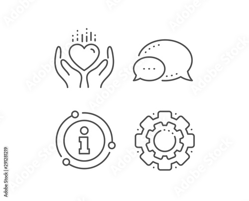 Hold heart line icon. Chat bubble, info sign elements. Care love emotion sign. Valentine day symbol. Linear hold heart outline icon. Information bubble. Vector
