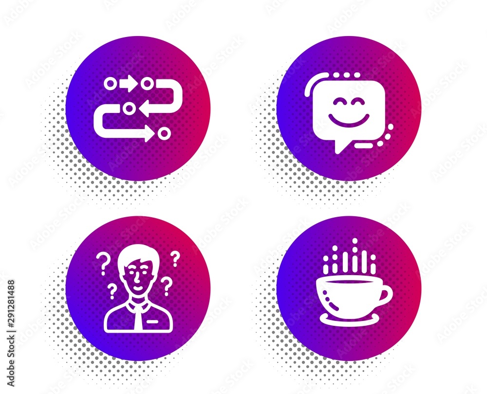 Methodology, Smile face and Support consultant icons simple set. Halftone dots button. Coffee cup sign. Development process, Chat, Question mark. Hot drink. Business set. Vector Methodology, Smile face and Support consultant icons simple set. Halftone dots button. Coffee cup sign. Development process, Chat, Question mark. Hot drink. Business set. Vector