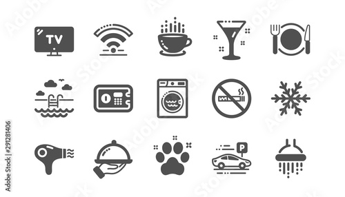 Hotel service icons. Wi-Fi, Air conditioning and Washing machine. Pets, swimming pool and hotel parking icons. Classic set. Quality set. Vector