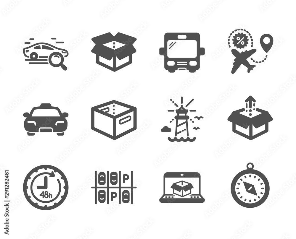 Set of Transportation icons, such as Send box, 48 hours, Flight sale, Office box, Parking place, Online delivery, Taxi, Lighthouse, Travel compass, Bus, Search car classic icons. Send box icon. Vector Set of Transportation icons, such as Send box, 48 hours, Flight sale, Office box, Parking place, Online delivery, Taxi, Lighthouse, Travel compass, Bus, Search car classic icons. Send box icon. Vector