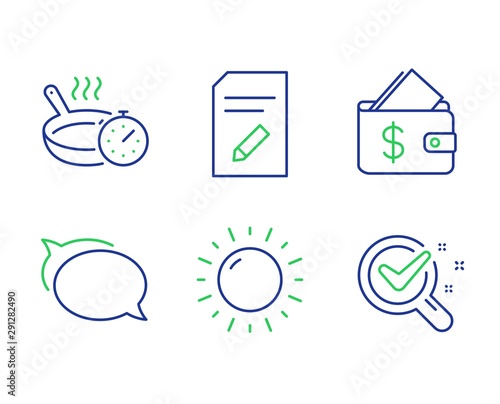 Sunny weather, Edit document and Frying pan line icons set. Wallet, Talk bubble and Chemistry lab signs. Sun, Page with pencil, Cooking timer. Affordability. Business set. Vector