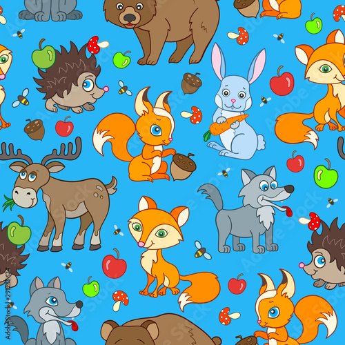 Seamless pattern with cartoon forest animals  bright beasts on blue background