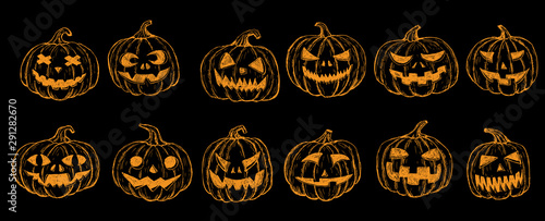 Halloween PARTY. Pumpkin set. Hand drawn illustration.