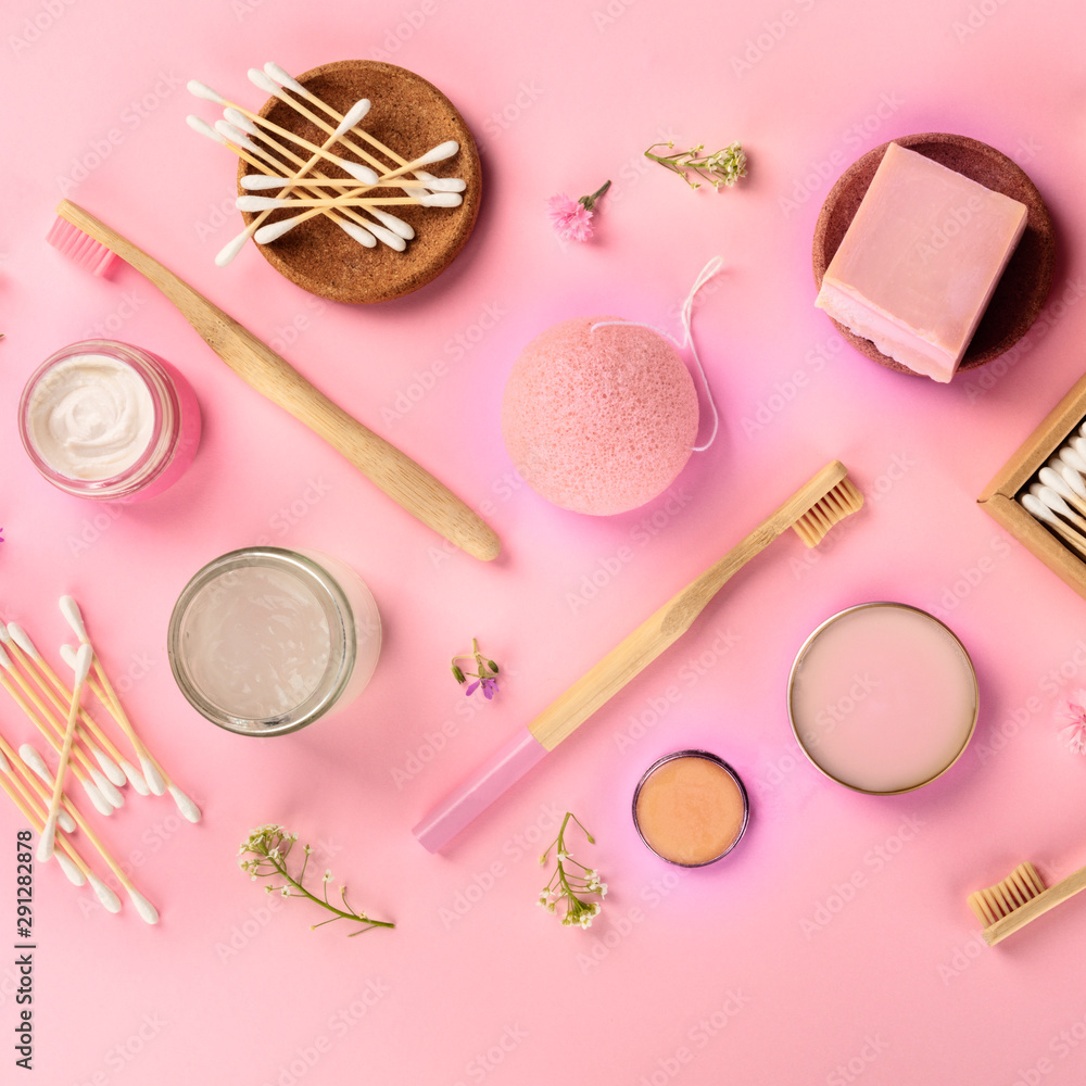 Fotografie Plastic-free, zero waste cosmetics, flat lay pattern on a pink background, square overhead shot