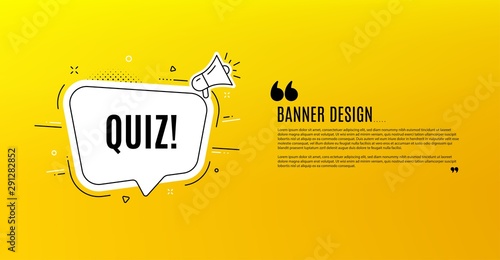 Quiz symbol. Yellow banner with chat bubble. Answer question sign. Examination test. Coupon design. Flyer background. Hot offer banner template. Bubble with quiz text. Vector photo