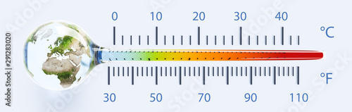 Global warming climate thermometer on white background