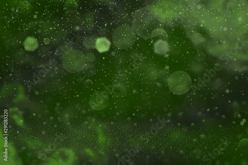 green pretty shiny glitter lights defocused bokeh abstract background and falling snow flakes fly, festal mockup texture with blank space for your content