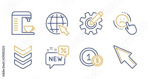 Usd coins, Cogwheel and Coffee machine line icons set. Dislike, Shoulder strap and New signs. Internet, Mouse cursor symbols. Cash payment, Edit settings. Business set. Line usd coins icon. Vector