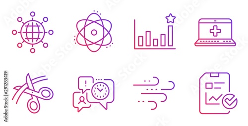 Atom, Time management and Efficacy line icons set. Medical help, Windy weather and International globe signs. Scissors, Report checklist symbols. Electron, Office chat. Science set. Vector