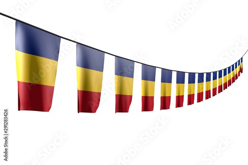 pretty many Romania flags or banners hangs diagonal with perspective view on rope isolated on white - any celebration flag 3d illustration..