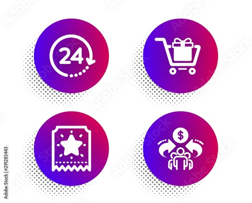 Loyalty ticket, Shopping cart and 24 hours icons simple set. Halftone dots button. Sharing economy sign. Bonus star, Gift box, Time. Share. Technology set. Classic flat loyalty ticket icon. Vector