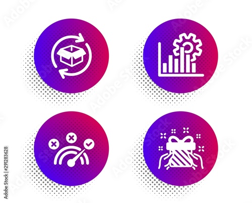 Seo graph, Return parcel and Correct answer icons simple set. Halftone dots button. Gift sign. Analytics chart, Exchange of goods, Speed symbol. Present. Business set. Vector