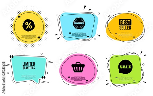 Limited quantities symbol. Best seller, quote text. Special offer sign. Sale. Quotation bubble. Banner badge, texting quote boxes. Limited quantities text. Coupon offer. Vector
