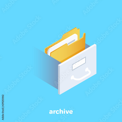 isometric vector image on a blue background, business concept, folder with documents in a sliding archive shelf
