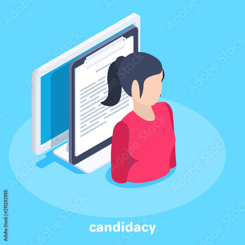 isometric vector image on a blue background, business concept, woman near resume and computer, job candidacy