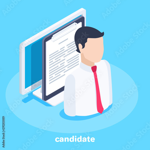 isometric vector image on a blue background, business concept, man near resume and computer, job candidacy