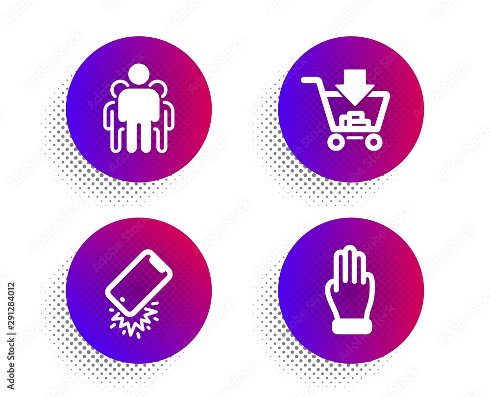 Shopping, Group and Smartphone broken icons simple set. Halftone dots button. Three fingers sign. Add to cart, Managers, Phone crash. Click palm. Business set. Classic flat shopping icon. Vector Shopping, Group and Smartphone broken icons simple set. Halftone dots button. Three fingers sign. Add to cart, Managers, Phone crash. Click palm. Business set. Classic flat shopping icon. Vector