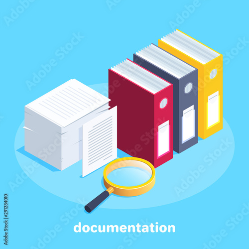 isometric vector image on a blue background, business concept, a stack of working papers and folders with documentation and a magnifying glass lies next to it