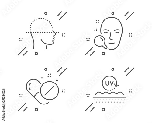 Face search, Medical pills and Face scanning line icons set. Uv protection sign. Find user, Drugs, Faces detection. Skin cream. Healthcare set. Line face search outline icon. Vector