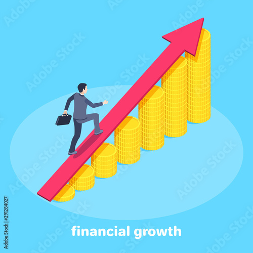 isometric vector image on a blue background, business concept, a man in a suit runs up the arrow over a diagram of coins, financial growth and success