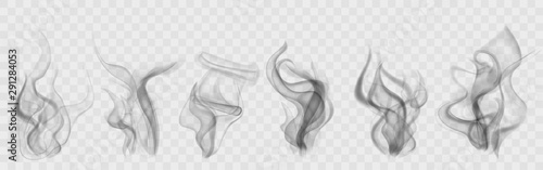 Set of realistic transparent smoke or steam in white and gray colors, for use on light background. Transparency only in vector format