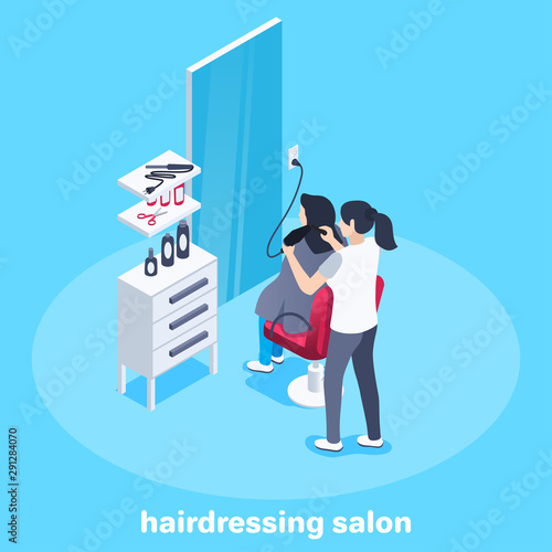 isometric vector image on a blue background, business concept, woman cuts the client at the hairdresser, service and customer service