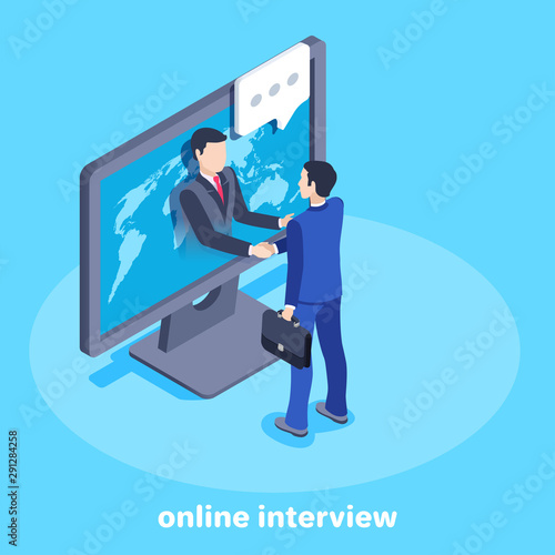 isometric vector image on a blue background, business concept, a man in a business suit shakes hands with another man on a computer screen, online interview