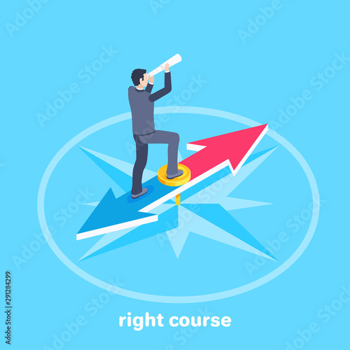 isometric vector image on a blue background, business concept, a man in a business suit looking through a telescope while standing on the compass needle, the right course