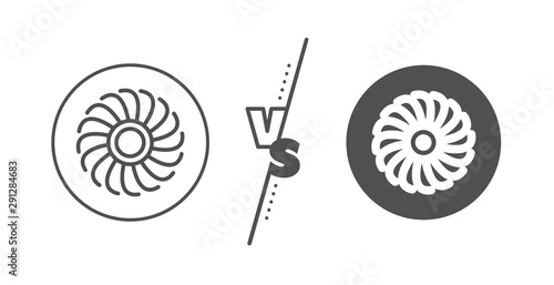 Jet turbine sign. Versus concept. Fan engine line icon. Ventilator symbol. Line vs classic fan engine icon. Vector