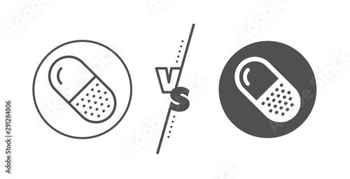 Medical drugs sign. Versus concept. Capsule pill line icon. Pharmacy medication symbol. Line vs classic capsule pill icon. Vector