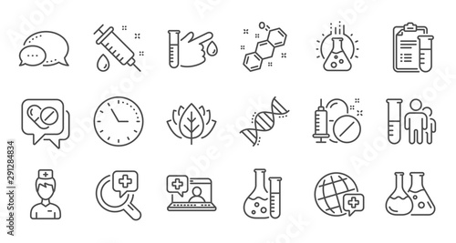 Medical healthcare, doctor line icons. Drug testing, scientific discovery and disease prevention icons. Chemical formula, chemistry testing lab. Linear set. Quality line set. Vector