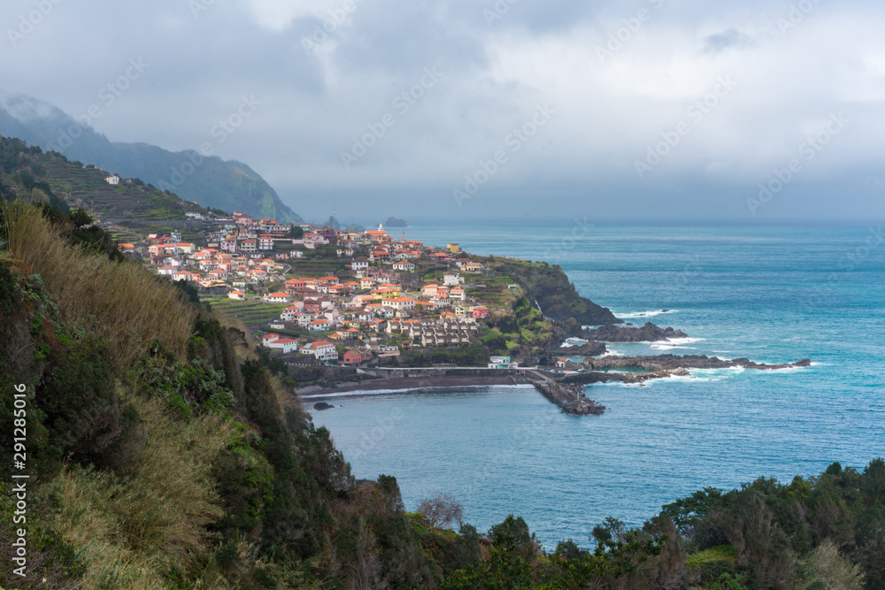 View of Seixal from Bridal Veil Falls véu da noiva miradouro viewpoint in Madeira, Portugal