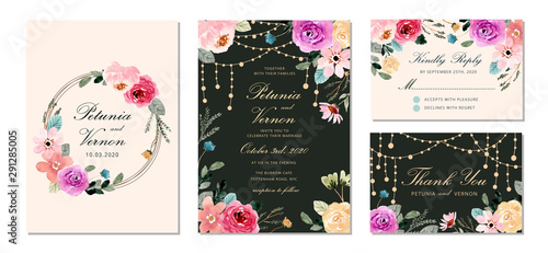 wedding invitation set with string light and pretty flower watercolor