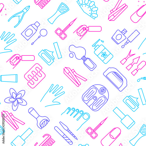 Manicure and Pedicure Thin Line Seamless Pattern Background . Vector