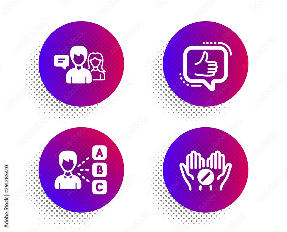 Like, Opinion and People talking icons simple set. Halftone dots button. Medical tablet sign. Thumbs up, Choose answer, Contact service. Medicine pill. People set. Classic flat like icon. Vector Like, Opinion and People talking icons simple set. Halftone dots button. Medical tablet sign. Thumbs up, Choose answer, Contact service. Medicine pill. People set. Classic flat like icon. Vector