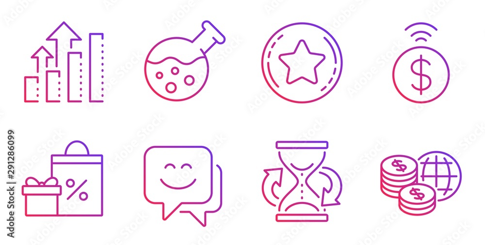 Chemistry lab, Hourglass and Shopping line icons set. Smile face, Loyalty star and Analysis graph signs. Contactless payment, World money symbols. Laboratory, Sand watch. Business set. Vector Chemistry lab, Hourglass and Shopping line icons set. Smile face, Loyalty star and Analysis graph signs. Contactless payment, World money symbols. Laboratory, Sand watch. Business set. Vector