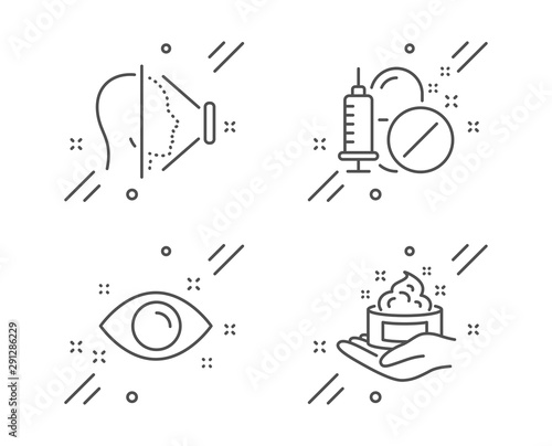 Face id, Medical drugs and Health eye line icons set. Skin care sign. Phone scanning, Medicine pills, Optometry. Hand cream. Healthcare set. Line face id outline icon. Vector