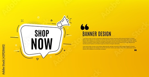 Shop now symbol. Yellow banner with chat bubble. Special offer sign. Retail Advertising. Coupon design. Flyer background. Hot offer banner template. Bubble with shop now text. Vector