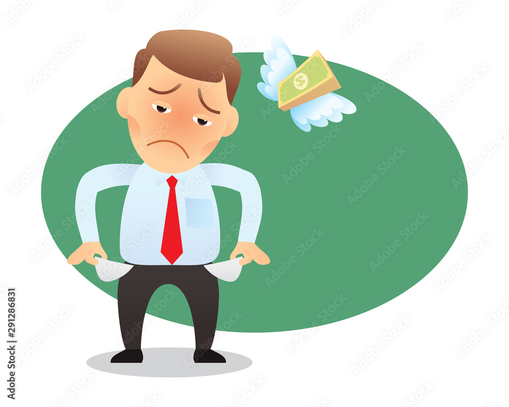 man run out of money. bankruptcy Lack of money. show empty pocket. cartoon  isolated vector illustration Stock Vector | Adobe Stock