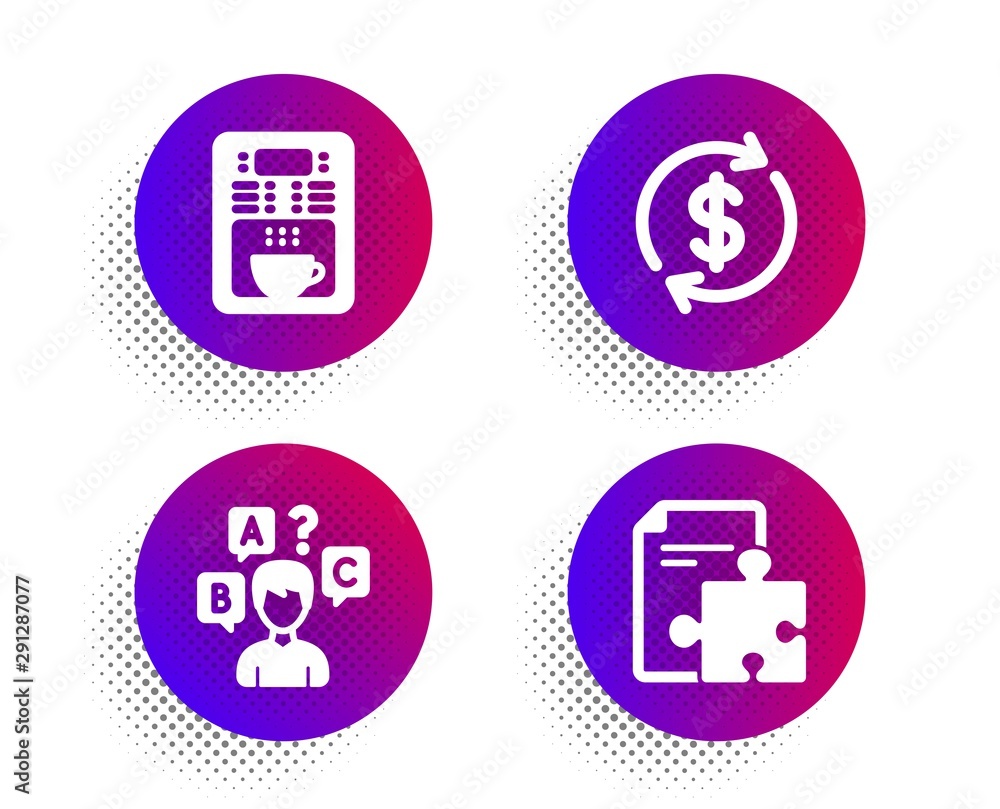 Coffee maker, Dollar exchange and Quiz test icons simple set. Halftone dots button. Strategy sign. Tea machine, Banking rates, Interview. Puzzle. Business set. Classic flat coffee maker icon. Vector Coffee maker, Dollar exchange and Quiz test icons simple set. Halftone dots button. Strategy sign. Tea machine, Banking rates, Interview. Puzzle. Business set. Classic flat coffee maker icon. Vector