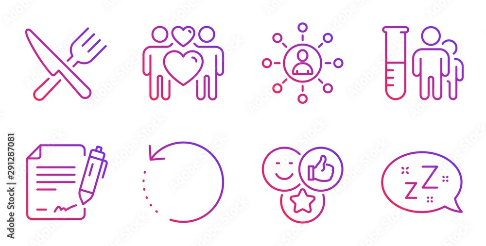 Signing document, Recovery data and Networking line icons set. Like, Medical analyzes and Love couple signs. Food, Sleep symbols. Contract, Backup info. Business set. Vector Signing document, Recovery data and Networking line icons set. Like, Medical analyzes and Love couple signs. Food, Sleep symbols. Contract, Backup info. Business set. Vector