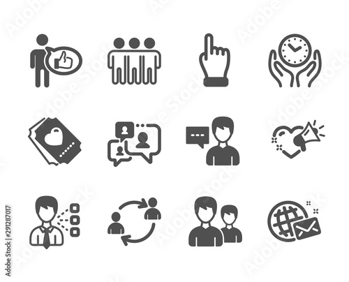 Set of People icons, such as Love ticket, Support chat, Friendship, Third party, Person talk, User communication, Love message, Couple, Click hand, Like, World mail, Safe time. Vector